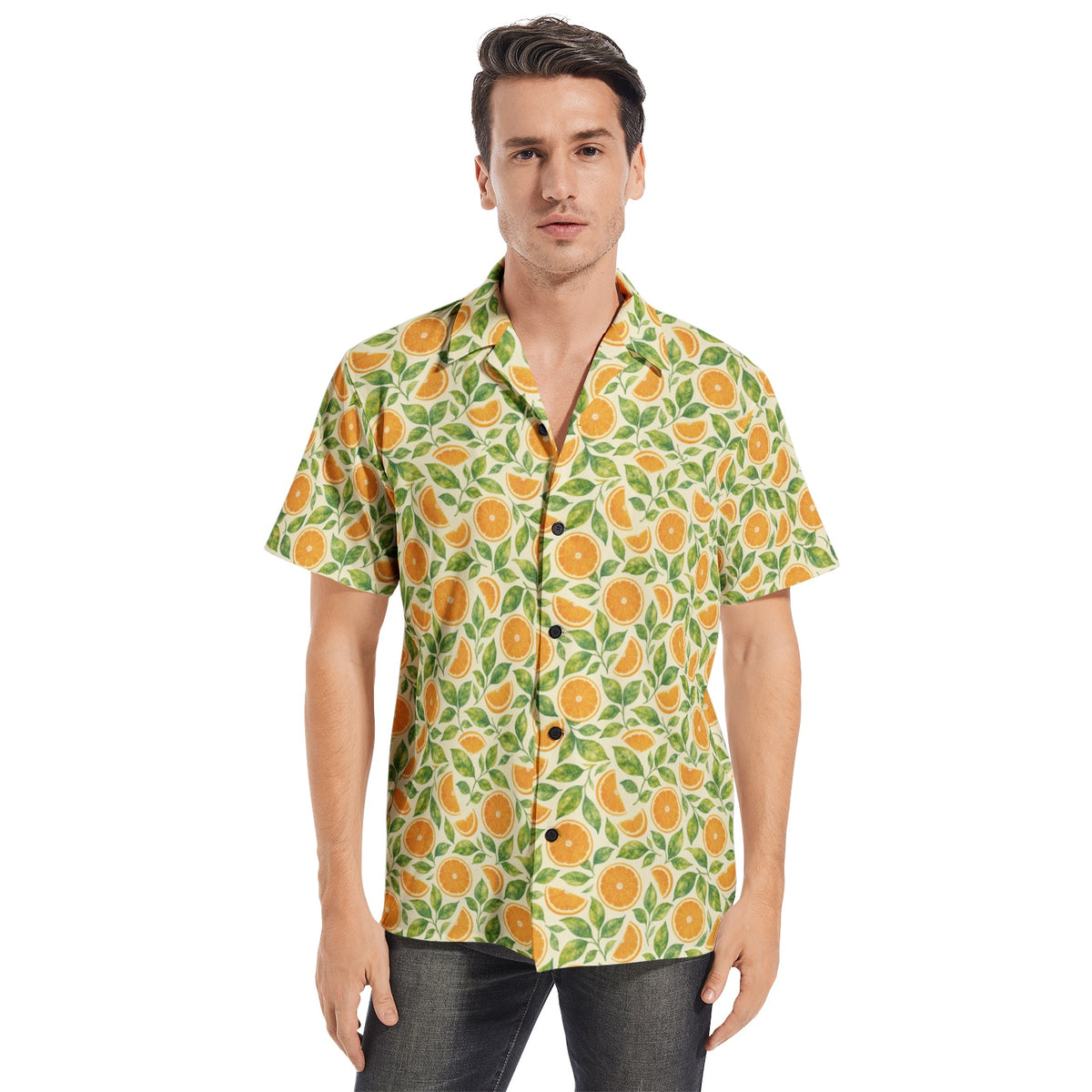 Orange Men Button Up Cotton Shirt, Summer Fruit Yellow Green Short Sleeve Casual Buttoned Down Male Guys Collared Designer Plus Size