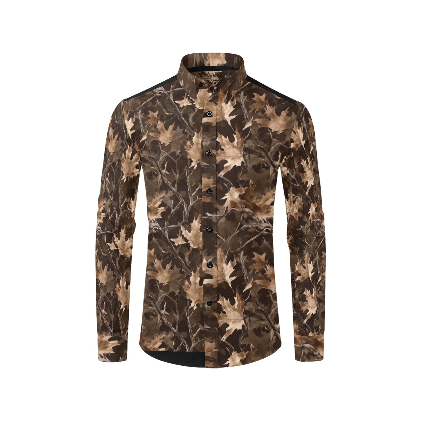 Camo Fall Leaf Men Button Up Shirt, Brown Camouflage Autumn Long Sleeve Print Buttoned Down Collar Male Guys Casual Dress Pocket Collared