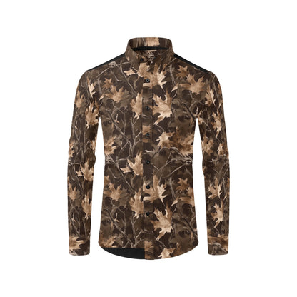 Camo Fall Leaf Men Button Up Shirt, Brown Camouflage Autumn Long Sleeve Print Buttoned Down Collar Male Guys Casual Dress Pocket Collared