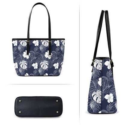 Navy Blue White Floral Tote Bag Purse, Hibiscus Flowers Art Women Vegan Leather Handbag  Zip on Top Designer Handmade Shoulder Ladies Bag