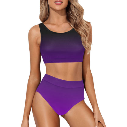 Black Purple Ombre Sports Bikini Set, Tie Dye Gradient High Waisted Cheeky Bottom Crop Halter Top Swimsuits Women Padded Festival Swimwear