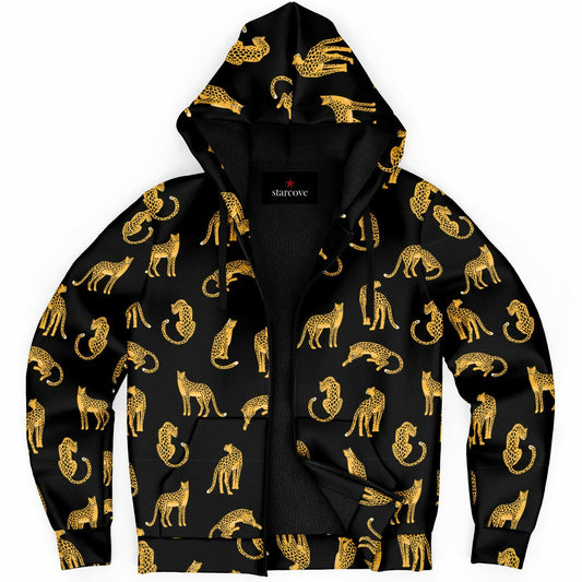 Leopard Zip Up Fleece Lined Hoodie, Animal Cheetah Print Heavyweight Full Zipper Pocket Men Women Unisex Graphic Hooded Sweatshirt Jacket