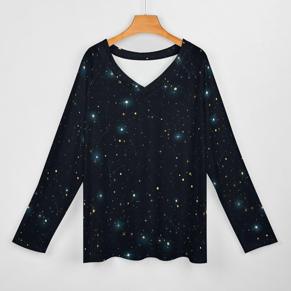 Constellation Women Long Sleeve Tshirt loose fit, Space Stars Galaxy Celestial Relaxed V-neck Designer Graphic Ladies Female Tee Top Shirt - Starcove Fashion