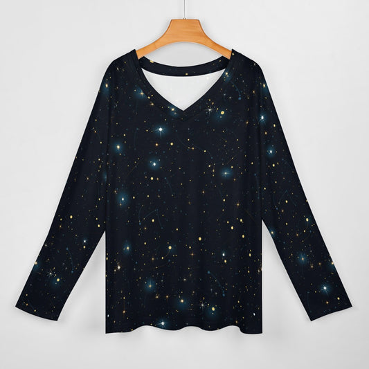Constellation Women Long Sleeve Tshirt loose fit, Space Stars Galaxy Celestial Relaxed V-neck Designer Graphic Ladies Female Tee Top Shirt - Starcove Fashion