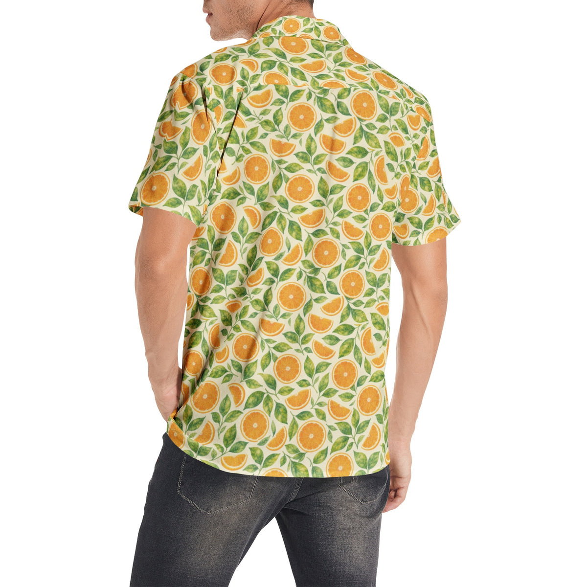 Orange Men Button Up Cotton Shirt, Summer Fruit Yellow Green Short Sleeve Casual Buttoned Down Male Guys Collared Designer Plus Size