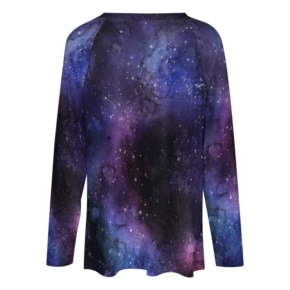 Galaxy Space Women Long Sleeve Tshirt loose fit, Stars Purple Universe Relaxed V-neck Designer Aesthetic Ladies Female Tee Top Shirt