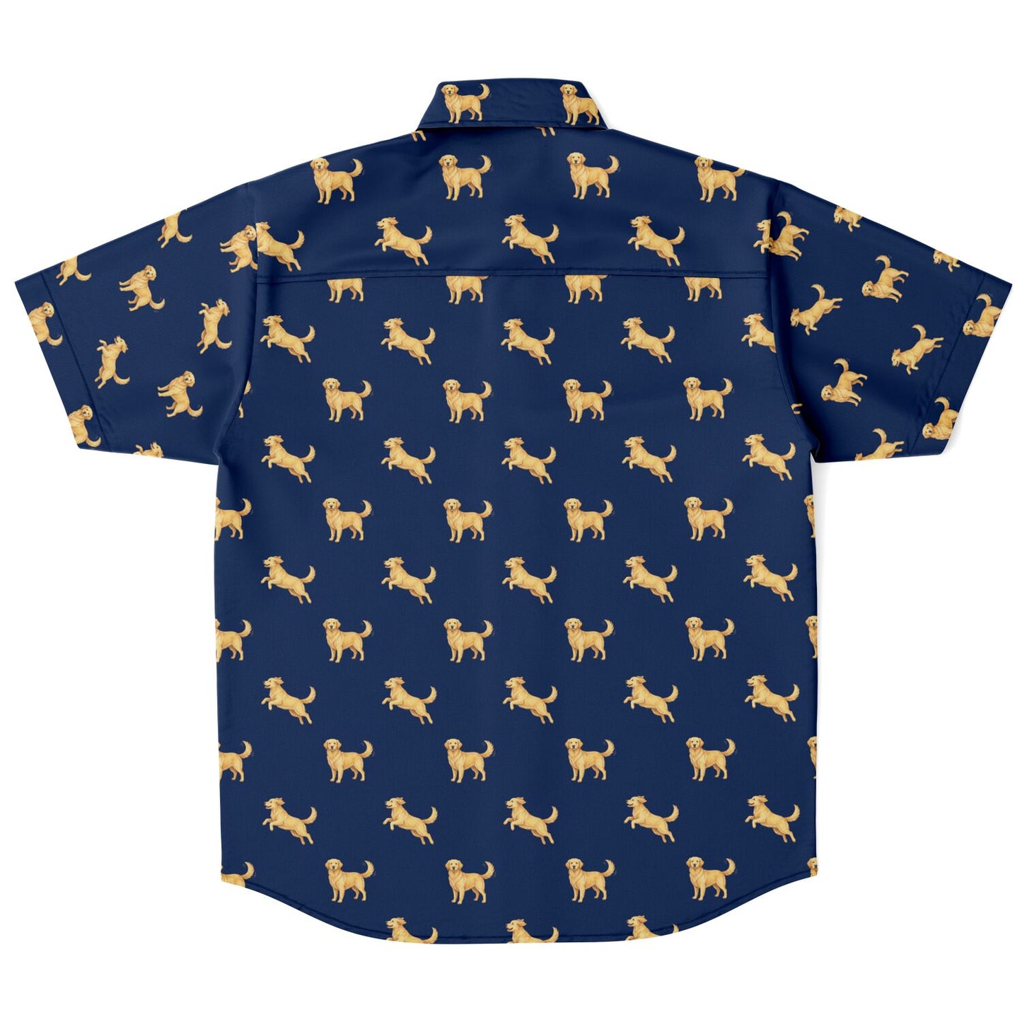 Golden Retriever Men Button Up Shirt, Dog Animal Navy Short Sleeve Print Casual Buttoned Down Summer Male Guys Collared Designer Dress