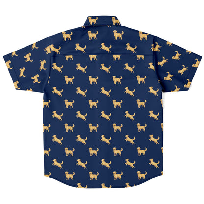 Golden Retriever Men Button Up Shirt, Dog Animal Navy Short Sleeve Print Casual Buttoned Down Summer Male Guys Collared Designer Dress