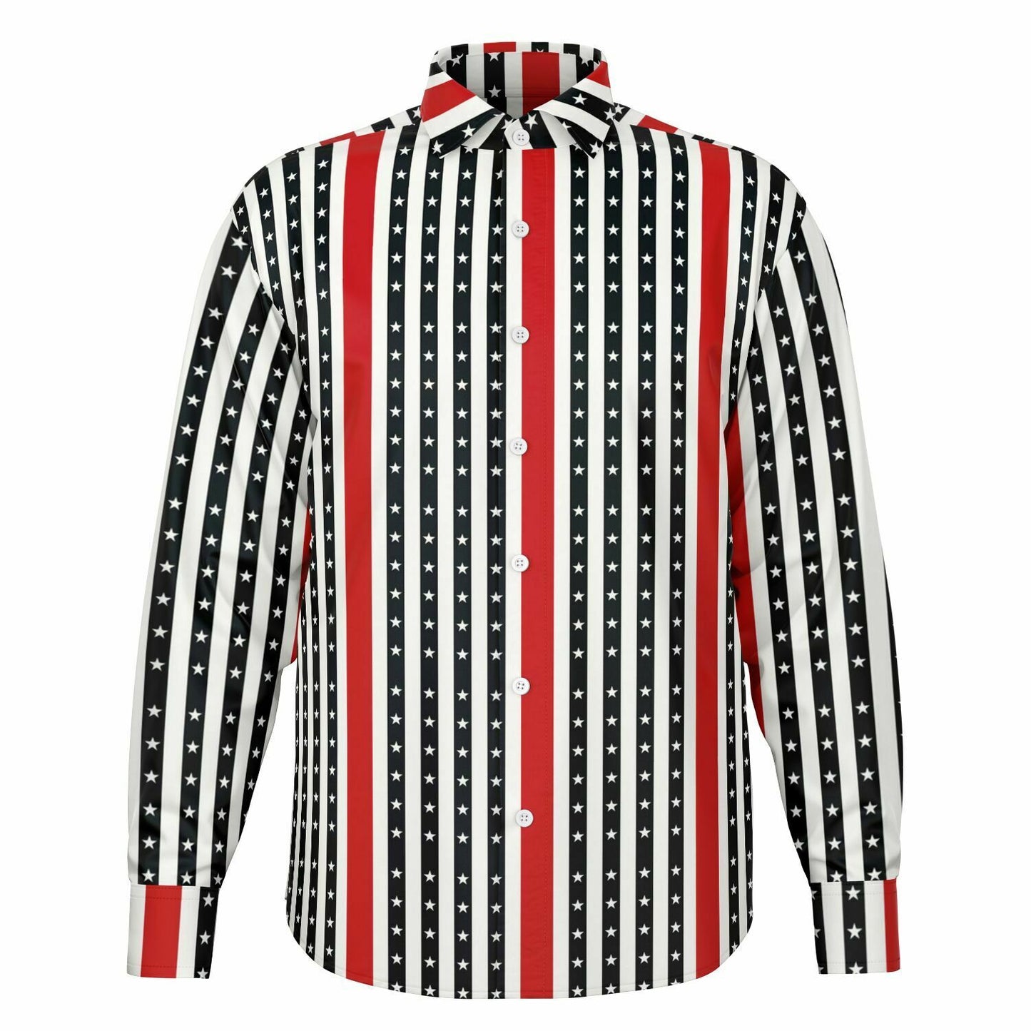 American Patriotic Long Sleeve Men Button Up Shirt, Red White Blue Stripes Stars Guys Male Print Buttoned Down Collared Casual Dress Shirt