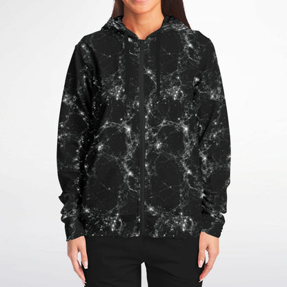 Black Galaxy Zip Up Hoodie, Space Stars Universe Full Zipper Pocket Men Women Unisex Adult Aesthetic Graphic Cotton Fleece Hooded Sweatshirt