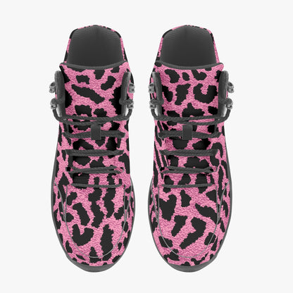 Pink Leopard Hiking Leather Boots, Animal Cheetah Print Men Women