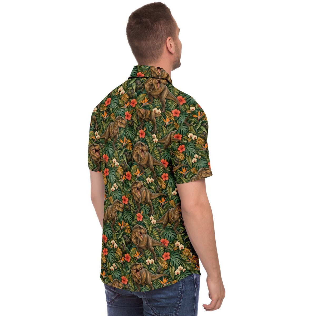 Dinosaur Men Button Up Shirt, T-Rex Dino Jungle Park Short Sleeve Print Casual Buttoned Down Summer Male Guys Collared Designer Dress copy