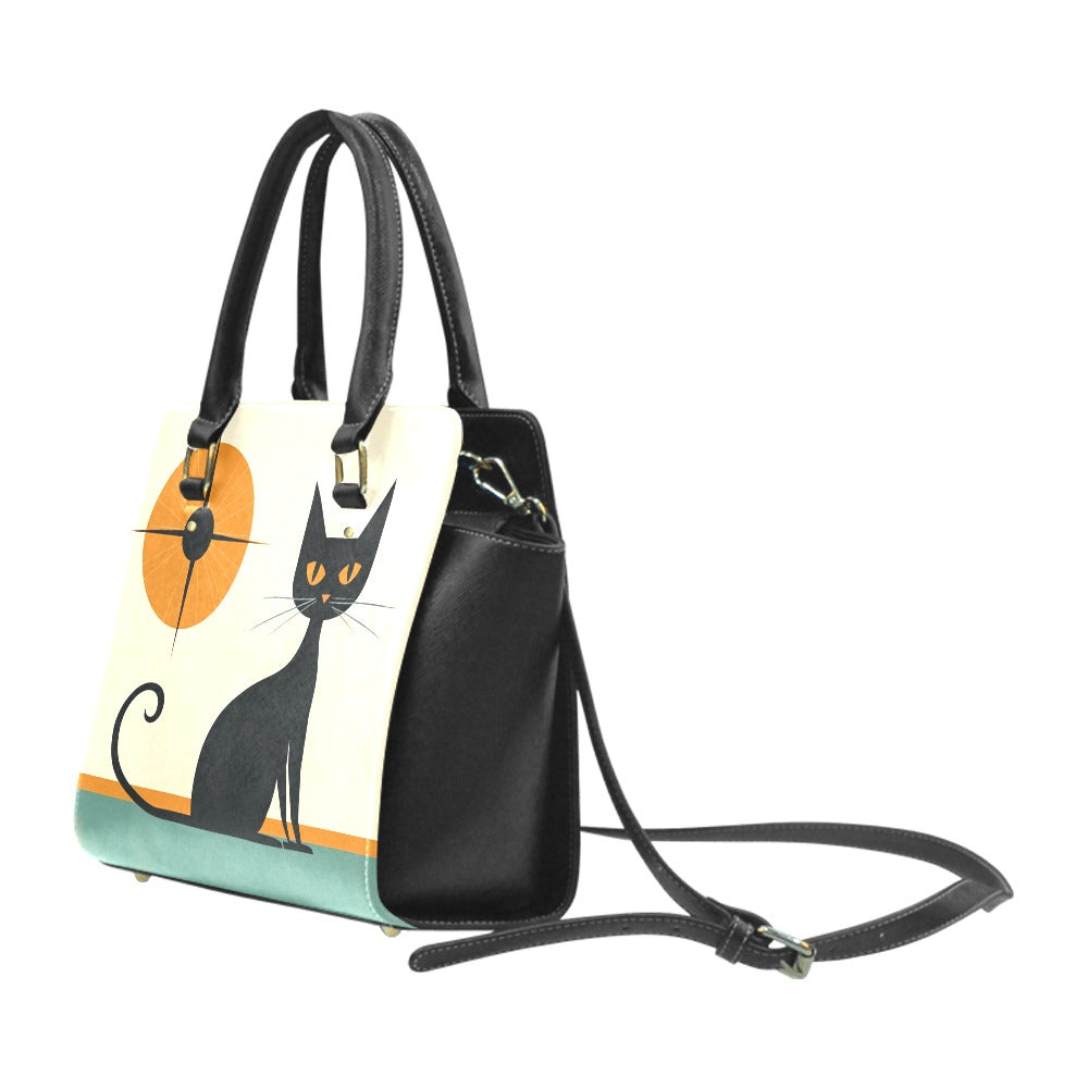 Mid Century Modern Cat Leather Purse Handbag, Sunburst Print Vintage Designer Women Ladies Satchel Top Zip Handle Black Bag Shoulder Strap