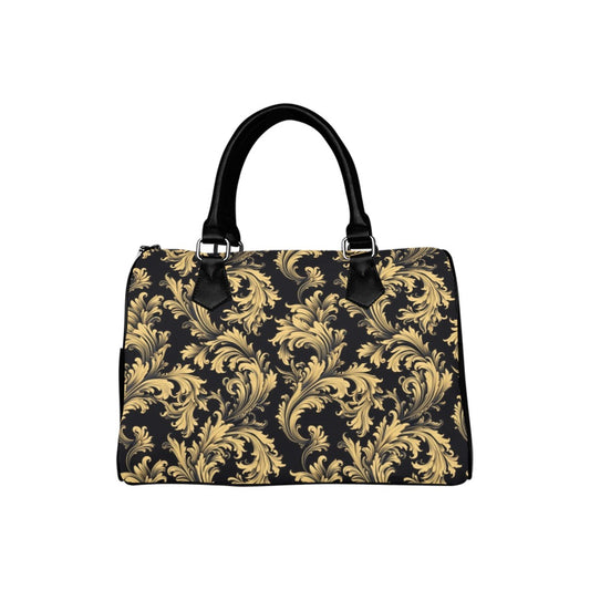 Baroque Handbag, Luxury Vintage Gold Black Abstract Print Canvas and Leather Top Handle Barrel Boston Designer Women Ladies Purse Bag