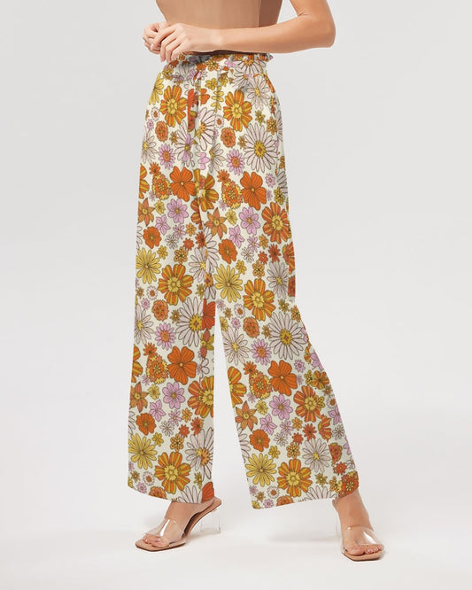 Retro Flowers Women Wide Leg Pants Pockets, Pink Orange Vintage Yoga Trousers High Waisted Ladies Comfy Drawstring Lounge Flowy Work Summer