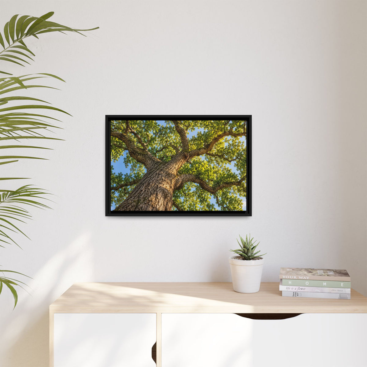 Oak Tree Canopy Canvas Wood Framed, Green Foliage Sunlit Woodland Wall Art Print Artwork Decor Small Large Hanging Matte Modern Landscape