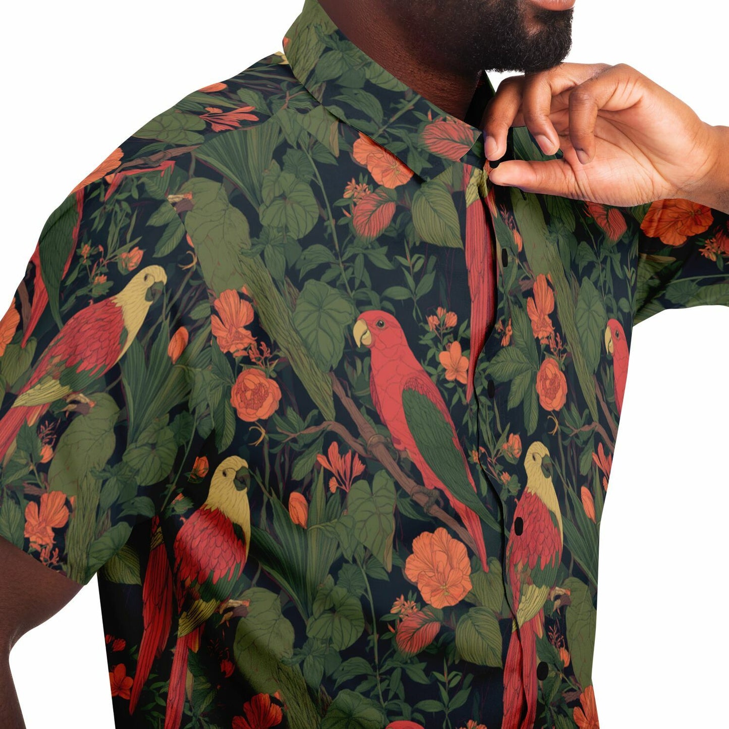Parrot Men Button Up Shirt, Tropical Bird Plants Green Short Sleeve Print Casual Buttoned Down Summer Male Guys Collared Designer Dress