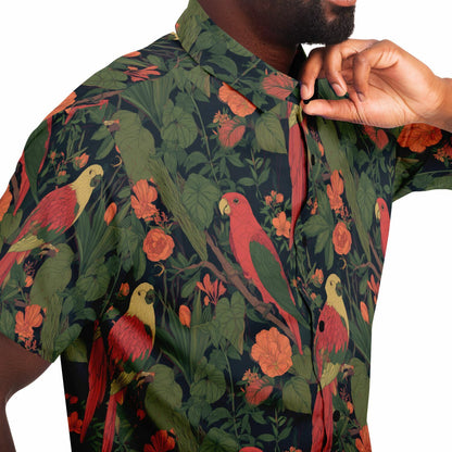 Parrot Men Button Up Shirt, Tropical Bird Plants Green Short Sleeve Print Casual Buttoned Down Summer Male Guys Collared Designer Dress
