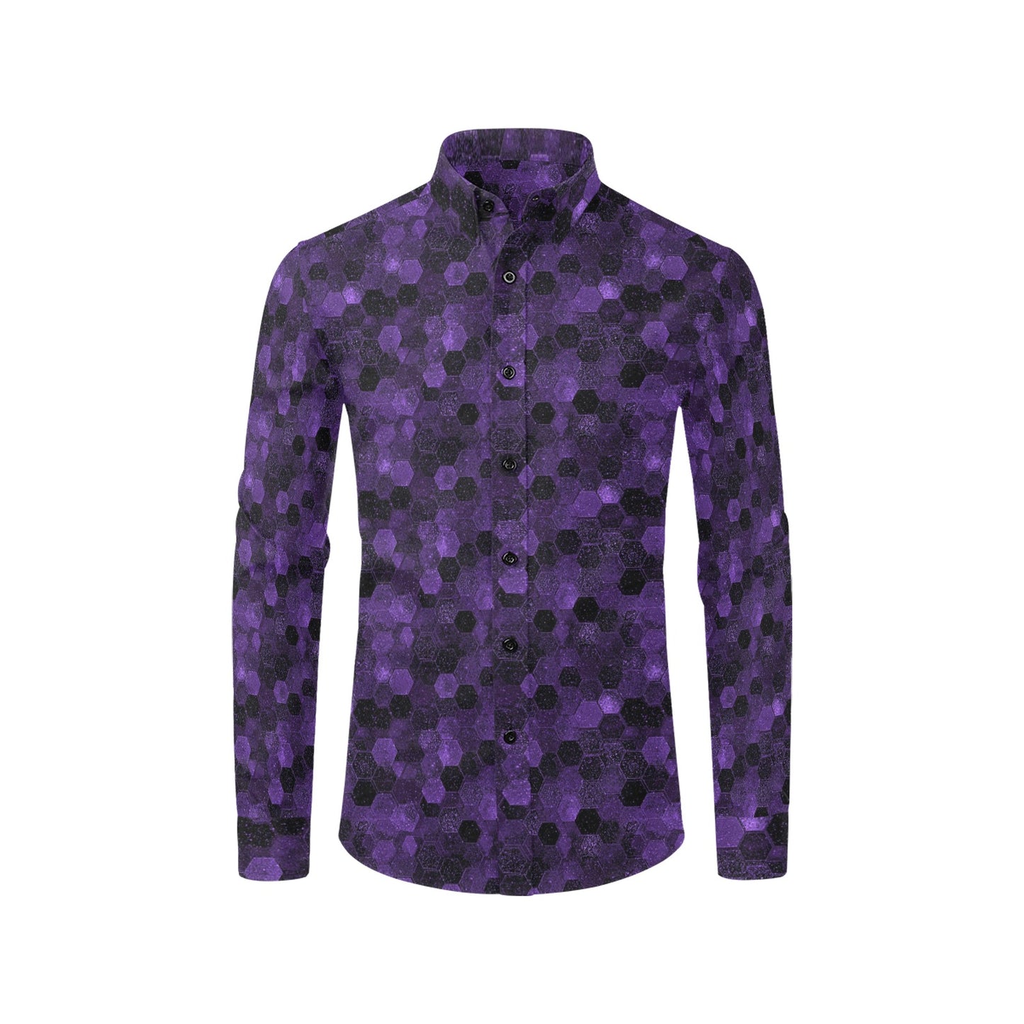 Black Purple Long Sleeve Men Button Up Shirt, Hexagonal Two Tone Combo Print Buttoned Collared Casual Dress Chest Pocket Guys Plus Size