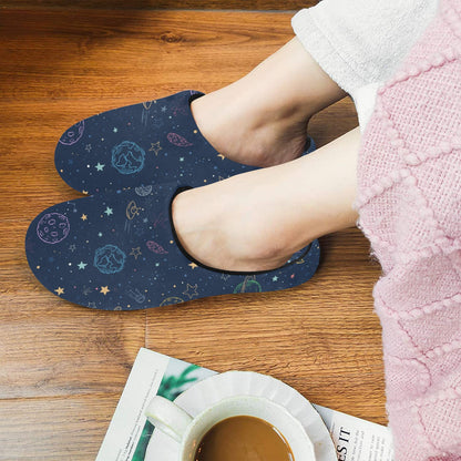 Space Women's Slippers, Galaxy Stars Asteroids Planets Ladies House Slide Handmade Bedroom Warm Winter Cozy Designer Slip On Cotton Shoes