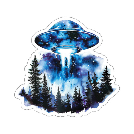 UFO Sticker Decal, Alien Pine Trees Night Sky Space Art Vinyl Laptop Cute Waterbottle Tumbler Car Waterproof Bumper Clear Die Cut Wall