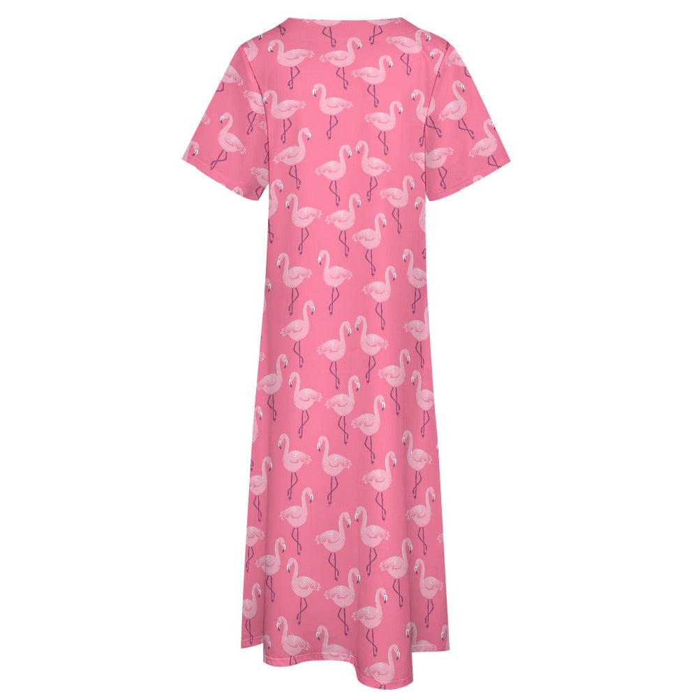 Pink Flamingo Women Maxi Dress, V-Neck Print Short Sleeve Evening Summer Cocktail Ladies Handmade Designer Plus Size Party Outfit Pockets