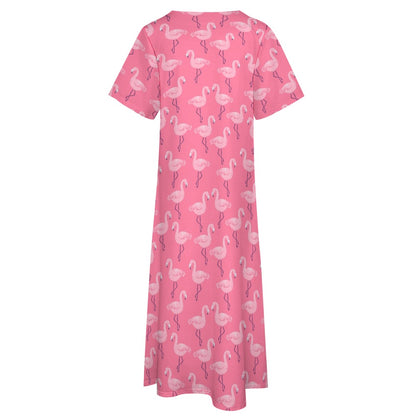 Pink Flamingo Women Maxi Dress, V-Neck Print Short Sleeve Evening Summer Cocktail Ladies Handmade Designer Plus Size Party Outfit Pockets