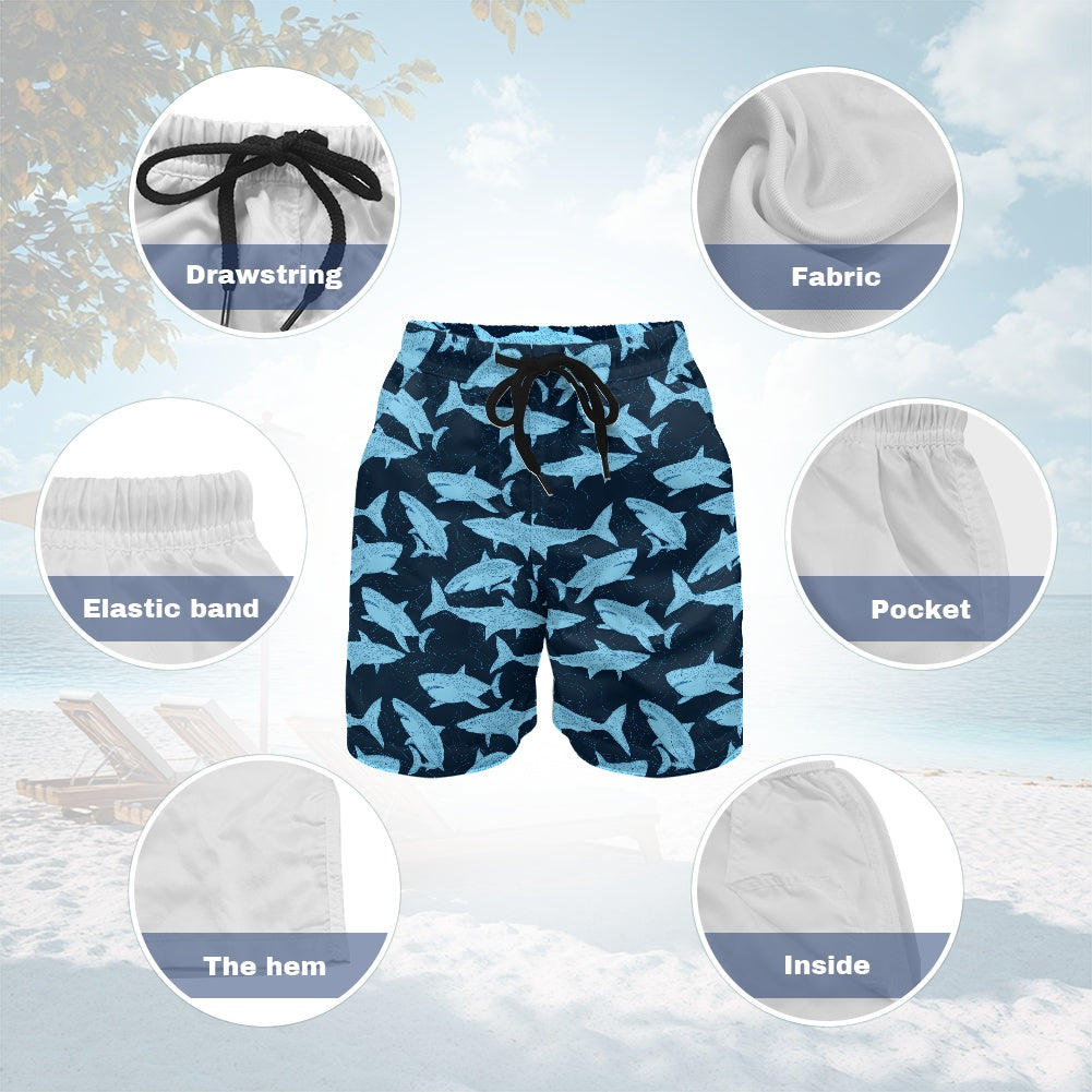 Shark Boys Beach Shorts (4-11Y), Navy Blue Quick Dry Kids Drawstring Casual Shorts Pockets Children Youth - Starcove Fashion