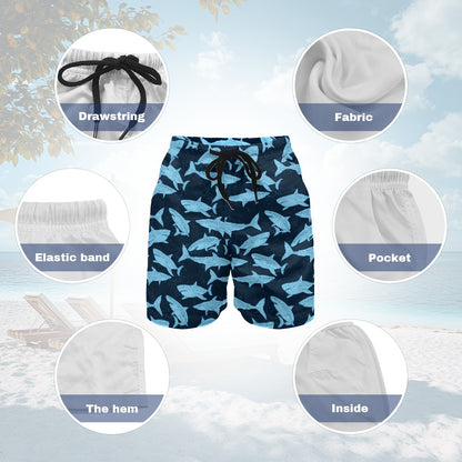 Shark Boys Beach Shorts (4-11Y), Navy Blue Quick Dry Kids Drawstring Casual Shorts Pockets Children Youth - Starcove Fashion