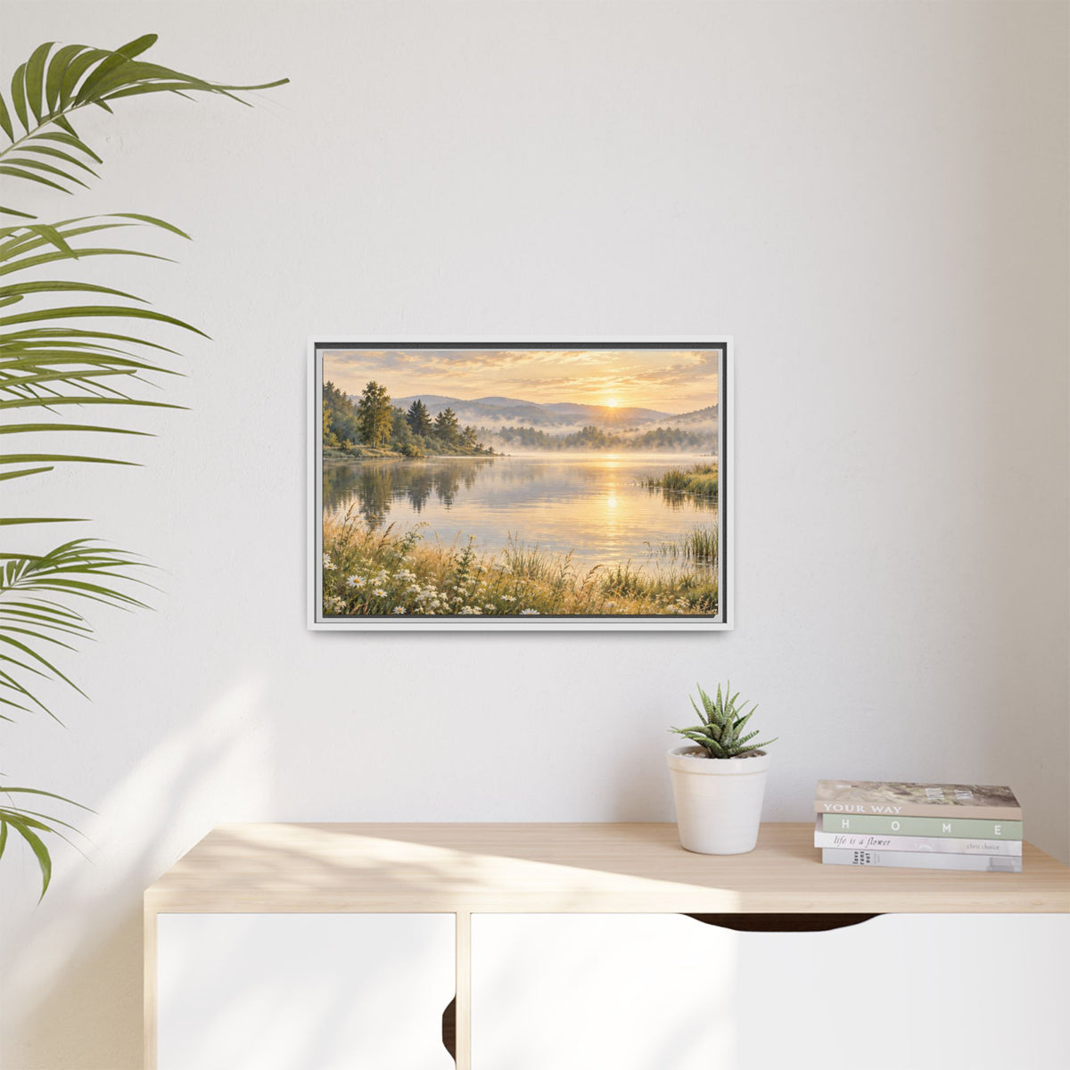 Misty Meadow Lake Wood Framed Canvas, Wildflower Farmhouse Wall Art Print Artwork Decor Small Large Hanging Matte Landscape Square Poster