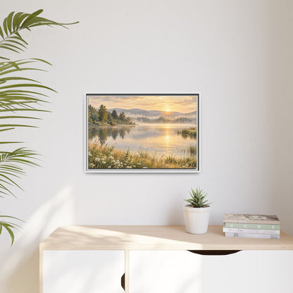 Misty Meadow Lake Wood Framed Canvas, Wildflower Farmhouse Wall Art Print Artwork Decor Small Large Hanging Matte Landscape Square Poster