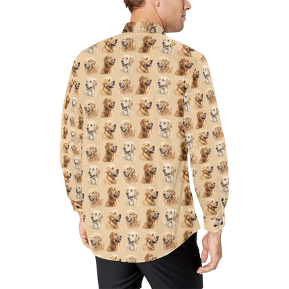 Dog Long Sleeve Men Button Up Shirt, Golden retriever Animal Print Guys Male Casual Dress Buttoned Collared Chest Pocket Plus Size