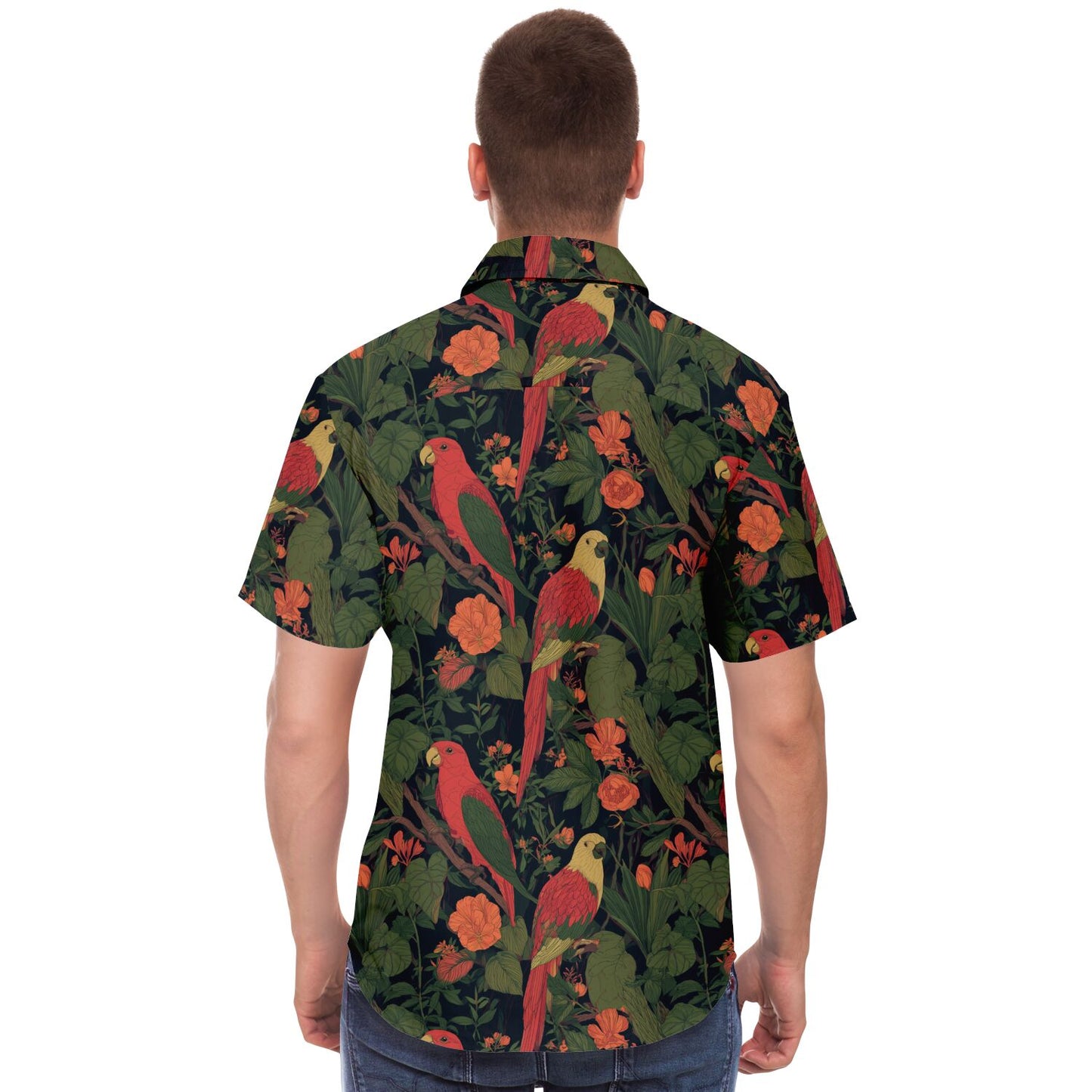 Parrot Men Button Up Shirt, Tropical Bird Plants Green Short Sleeve Print Casual Buttoned Down Summer Male Guys Collared Designer Dress