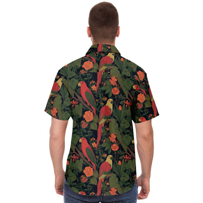 Parrot Men Button Up Shirt, Tropical Bird Plants Green Short Sleeve Print Casual Buttoned Down Summer Male Guys Collared Designer Dress