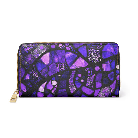 Purple Leather Wallet Women, Stained Glass Print Vegan Zipper Zip Around Coins Credit Cards Pocket Cash Ladies Pouch Slim Clutch Purse