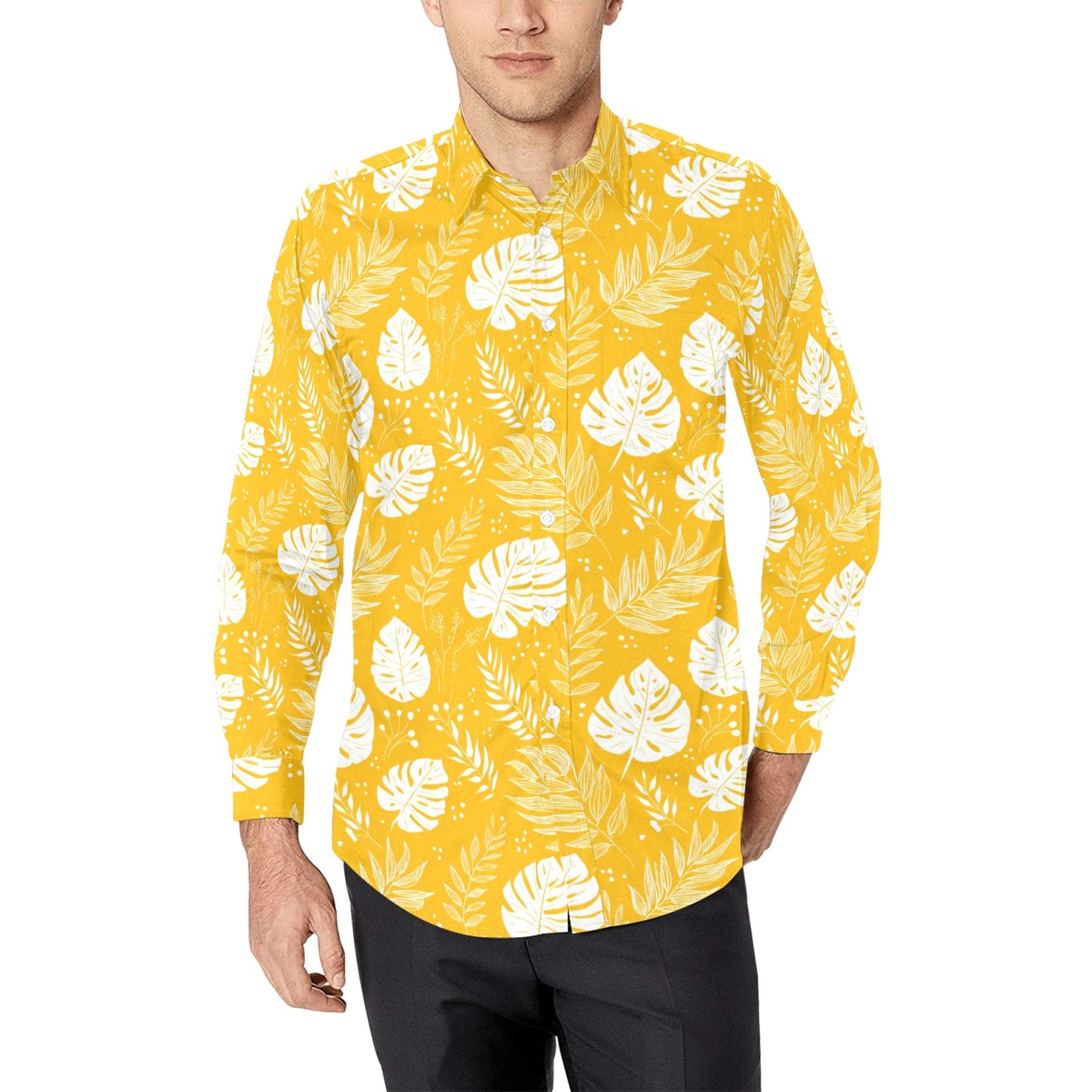 Yellow Hawaiian Leaf Long Sleeve Men Button Up Shirt, Summer Tropical Print Casual Dress Buttoned Collar Dress Male Guys Chest Pocket