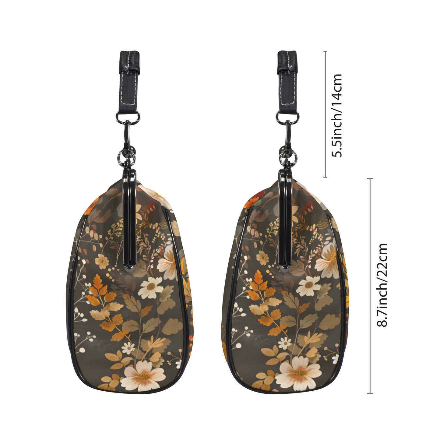 Floral Kiss Lock Purse Handbag, Flowers Brown Green Dark Print Vegan Leather Vintage Designer Shoulder Crossbody Top Handle Clasp Bag