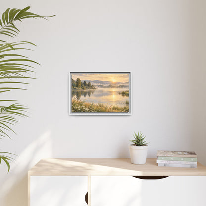 Misty Meadow Lake Wood Framed Canvas, Wildflower Farmhouse Wall Art Print Artwork Decor Small Large Hanging Matte Landscape Square Poster