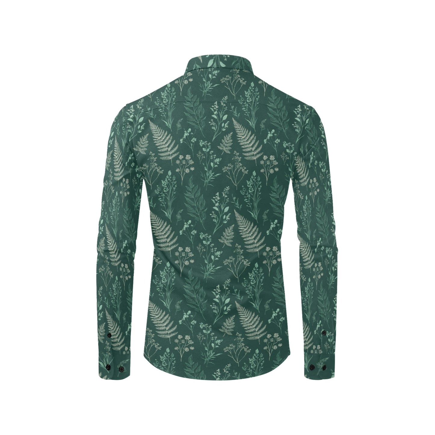 Dark Green Long Sleeve Men Button Up Shirt, Forest Fern Leaf Nature Outdoor Print Casual Dress Buttoned Collar Chest Pocket Lightweight Male - Starcove Fashion