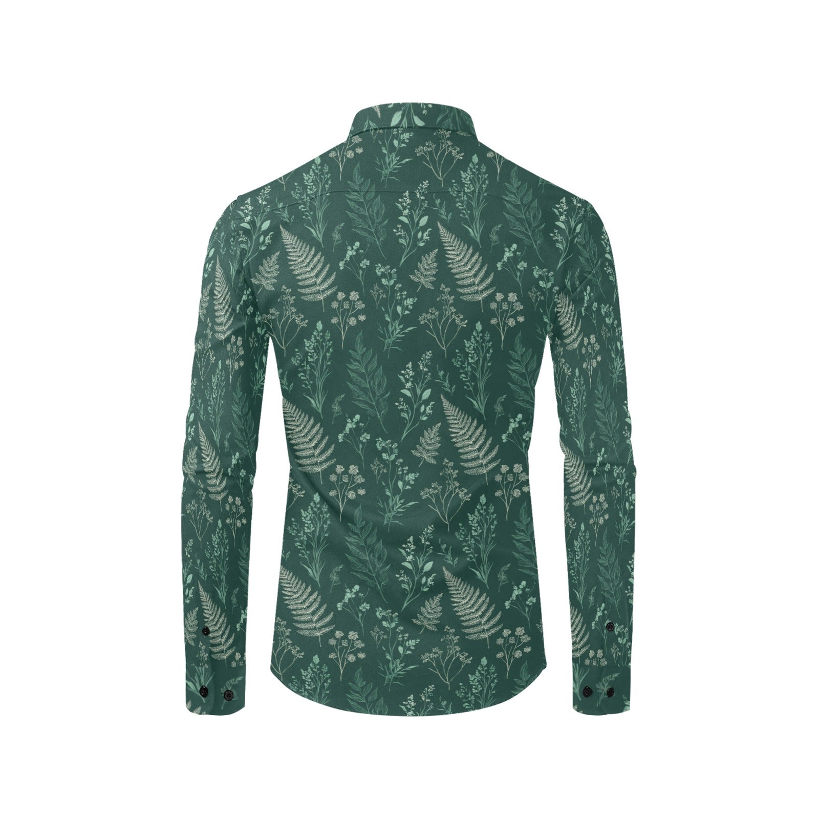 Dark Green Long Sleeve Men Button Up Shirt, Forest Fern Leaf Nature Outdoor Print Casual Dress Buttoned Collar Chest Pocket Lightweight Male - Starcove Fashion