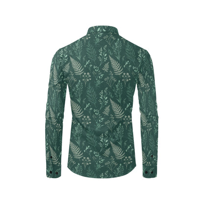 Dark Green Long Sleeve Men Button Up Shirt, Forest Fern Leaf Nature Outdoor Print Casual Dress Buttoned Collar Chest Pocket Lightweight Male - Starcove Fashion