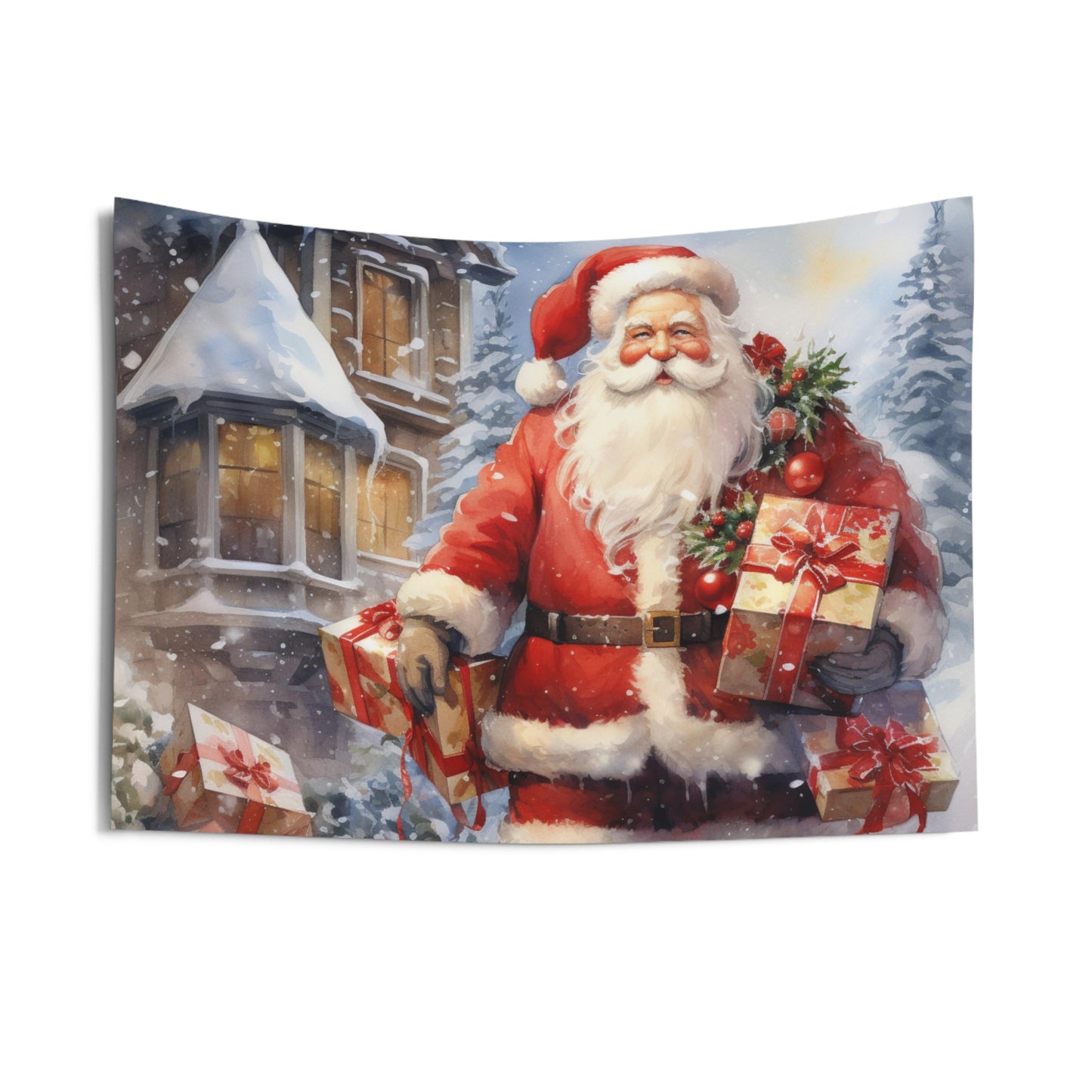Santa Claus Christmas Tapestry, Vintage Snow Watercolor Winter Wall Art Hanging Cool Unique Landscape Aesthetic Large Small Decor Room Starcove Fashion