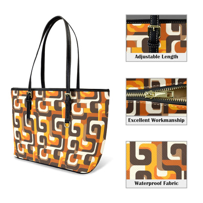 Retro Vintage Tote Bag Purse, 70s Geometric Orange Brown Art Women Vegan Leather Handbag  Zip on Top Designer Handmade Shoulder Ladies Bag