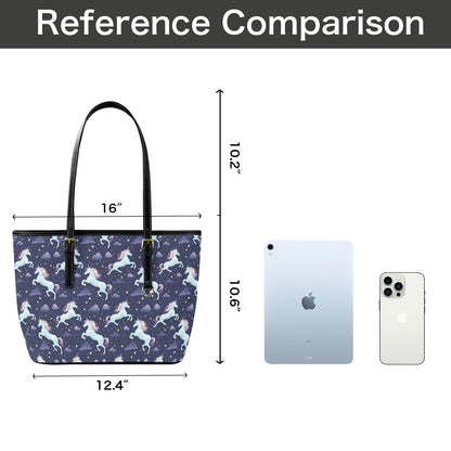 Unicorn Tote Bag Purse, Space Stars Purple Art Women Vegan Leather Handbag  Zip on Top Designer Handmade Shoulder Ladies Bag
