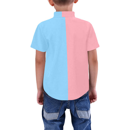 Half Pink Half Baby Blue Boys Button Up Shirt, Color Block Split Two Tone Combo Print Kids Dress Buttoned Collar Chest Pocket Short Sleeve