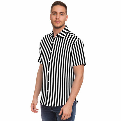 Black and White Vertical Striped Men Button Up Shirt, Short Sleeve Print Casual Buttoned Down Summer Male Guys Collared Designer Dress
