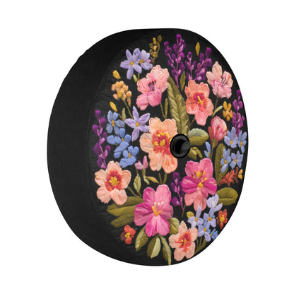 Pink Blue Flowers Spare Tire Cover, Purple Coral Floral Faux Embroidery Printed Floral Wheel Unique Backup Camera Hole Trailer Back Women RV