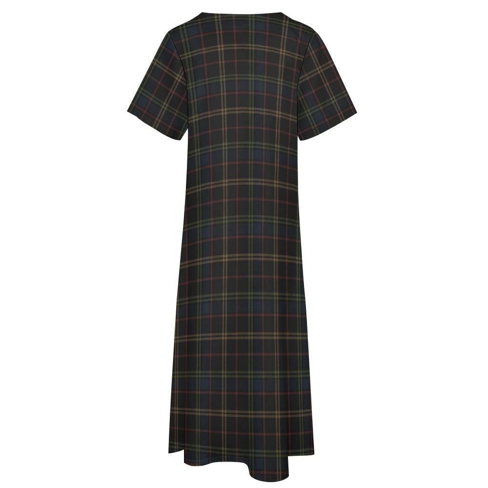 Plaid Women Maxi Dress, Dark Blue Green Yellow V-Neck Print Short Sleeve Evening Cocktail Ladies Handmade Designer Plus Size Outfit Pockets