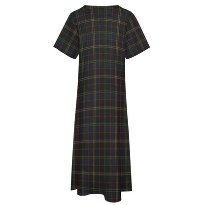 Plaid Women Maxi Dress, Dark Blue Green Yellow V-Neck Print Short Sleeve Evening Cocktail Ladies Handmade Designer Plus Size Outfit Pockets