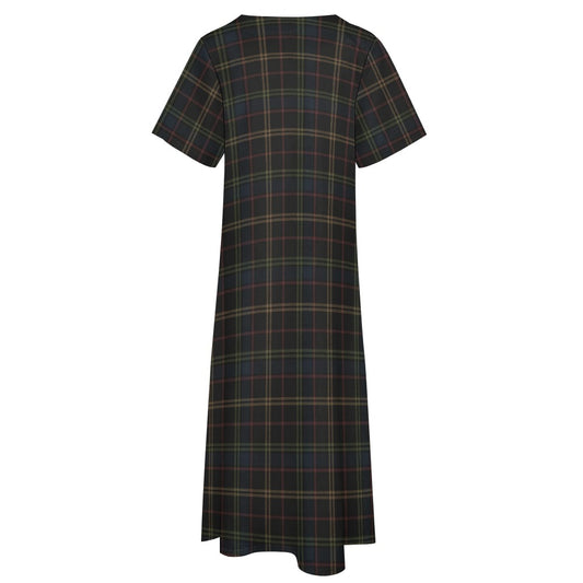 Plaid Women Maxi Dress, Dark Blue Green Yellow V-Neck Print Short Sleeve Evening Cocktail Ladies Handmade Designer Plus Size Outfit Pockets